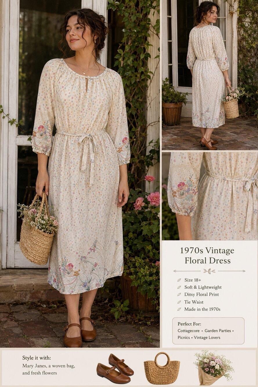 Floral Wildflower Ivory Cottage Dress C.M.Courtney VTG 70s Belted Plus Size 18